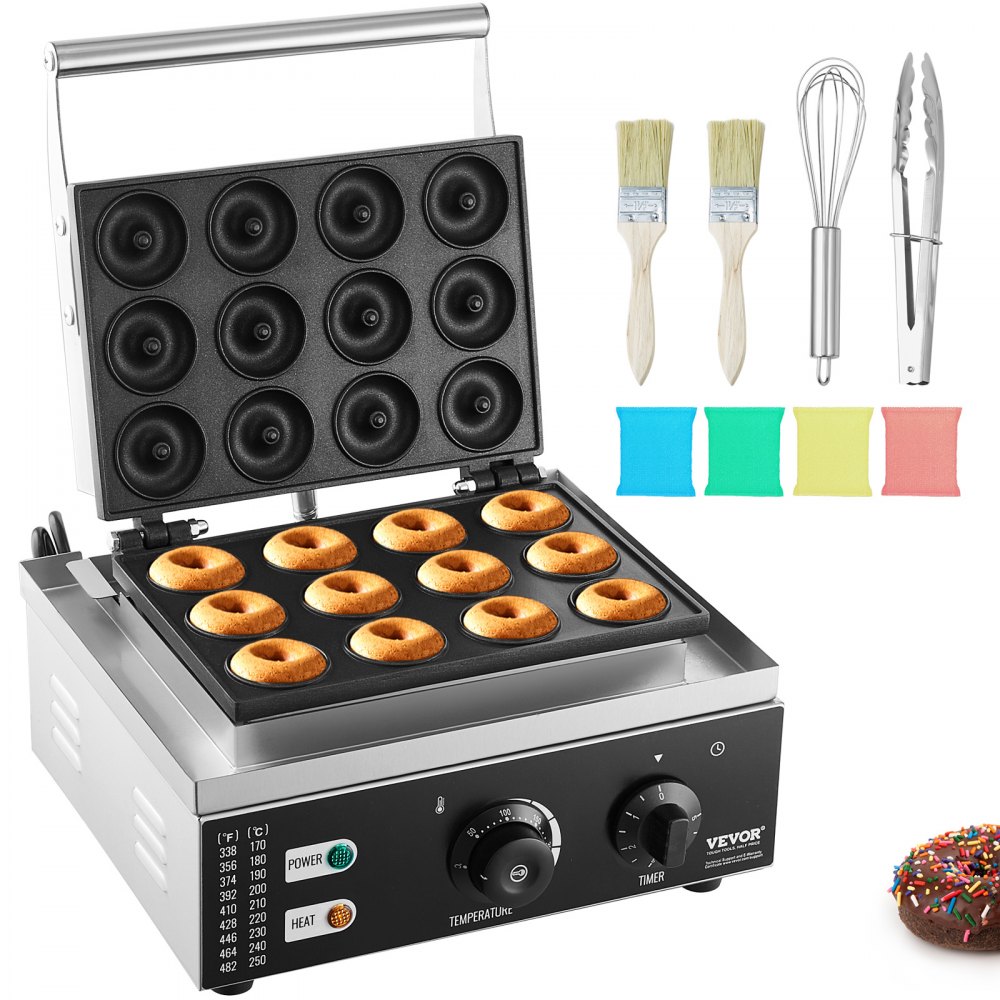 VEVOR Electric Donut Maker, 1550W Commercial Doughnut Machine with Non-stick Surface, 12 Hole Double-Sided Heating Waffle Machine Makes 12 Doughnuts, Temperature 122-572℉, for Restaurant & Home Use - XXSYTTQJ110V20WUFV1