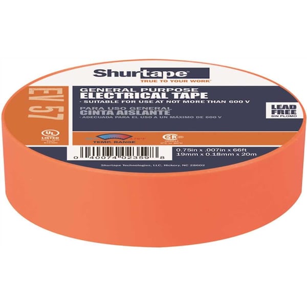 Cinta eléctrica de uso general Shurtape EV 57, Certificada por UL, NARANJA, 7 mils, 3/4 in. x 66 ft. - 200787