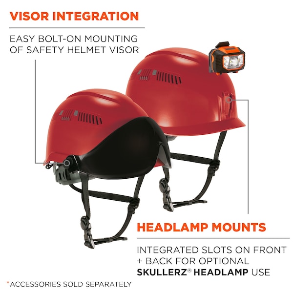 Ergodyne Micro Brim Safety Helmet, Skullerz 8977, PC-ABS, 6-Point Point Ratchet, Class C, Red - 8977