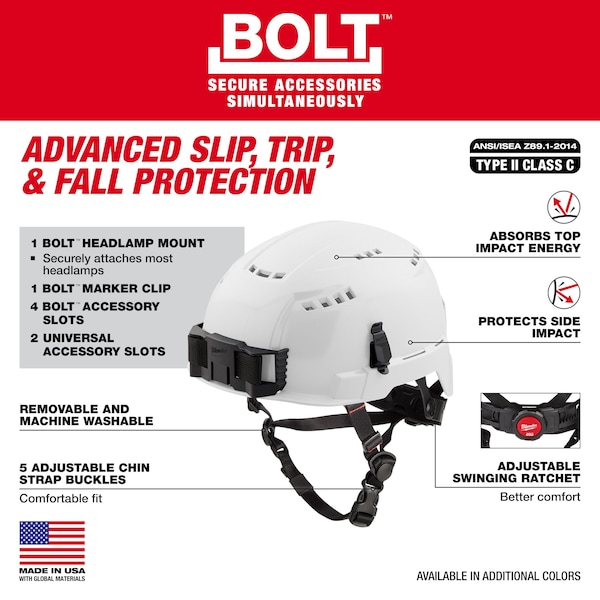 Milwaukee Tool BOLT Black Vented Safety Helmet with IMPACT ARMOR Liner - Type 2, Class C - 48-73-1360