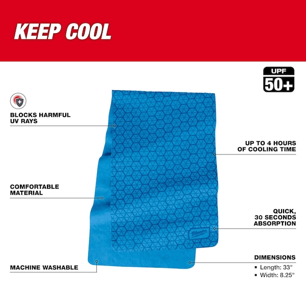 Milwaukee Tool Cooling Towel, Wet, 33" L, 8-1/4" W, Blue - 48-73-4540