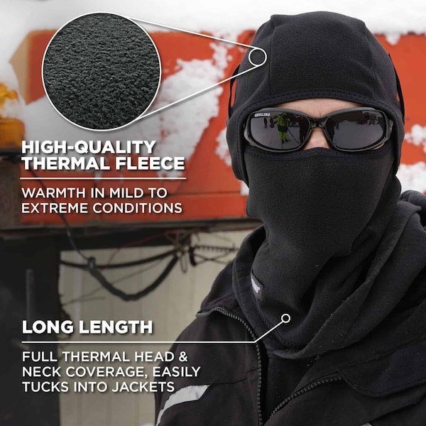 Ergodyne Balaclava Face Mask, 2-in-1 Detachable-Piece, Fleece, Moisture-Wicking, Black, Universal Size - 6826