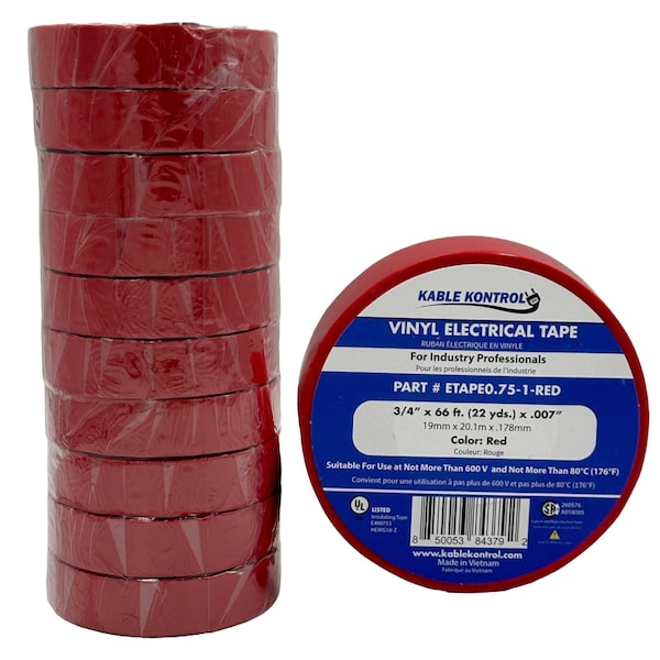 Cinta eléctrica de PVC Kable Kontrol, 3/4'' de ancho x 60' de largo, clasificada para 600V, ROJA - ETAPE0.75-1-RED