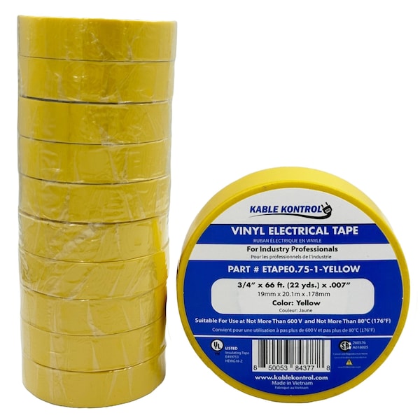 Cinta eléctrica de PVC Kable Kontrol, 3/4'' de ancho x 60' de largo, clasificada para 600V, AMARILLO - ETAPE0.75-1-AMARILLO