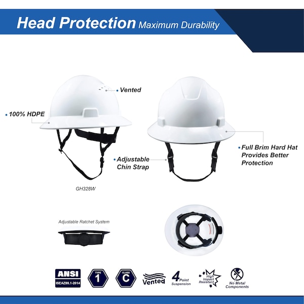 Ge Vented Hard Hat, HDPE, 4 Point Ratchet, Type 1, Class C, Gray - GH328G