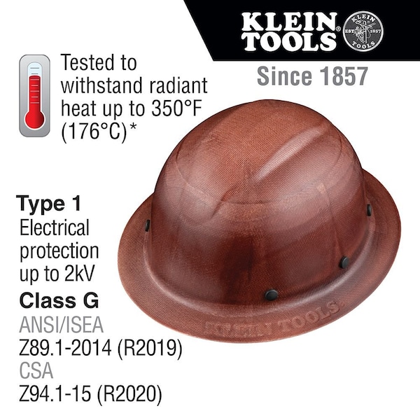 Klein Tools Full Brim Hard Hat, Polymer-Fiber, Nylon, POM, Imitation Wood - 60452