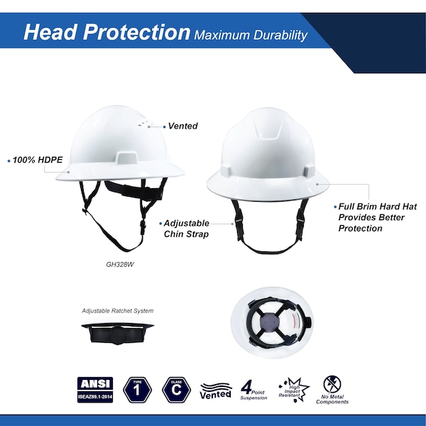 Ge Full Brim Vented Hard Hat, 4-Point Adjustable Ratchet Suspension, Yellow - GH328Y