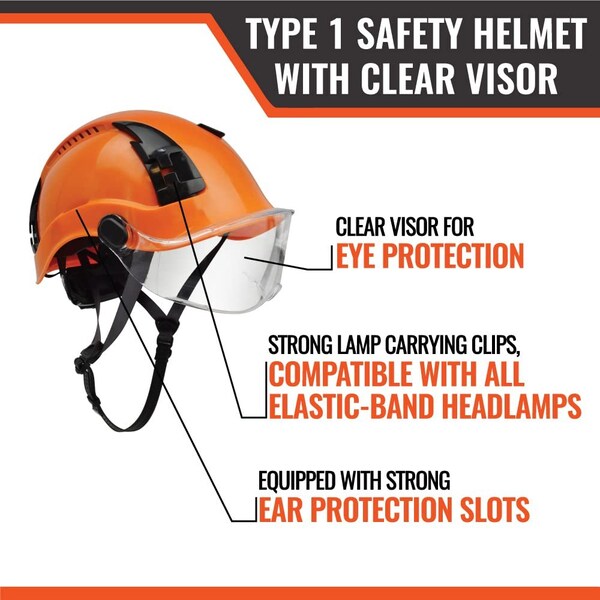 Malta Dynamics SafetyHelmet w/Clear Visor, Polyethylene, Ratchet, Orange, Fits Hat Size One Size Fits Most - HTO1101