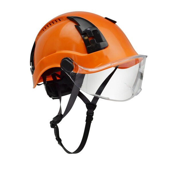 Malta Dynamics SafetyHelmet w/Clear Visor, Polyethylene, Ratchet, Orange, Fits Hat Size One Size Fits Most - HTO1101
