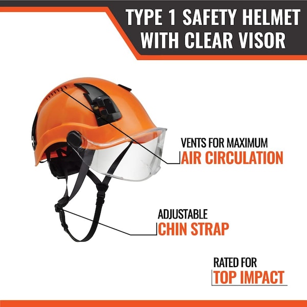 Malta Dynamics SafetyHelmet w/Clear Visor, Polyethylene, Ratchet, Orange, Fits Hat Size One Size Fits Most - HTO1101