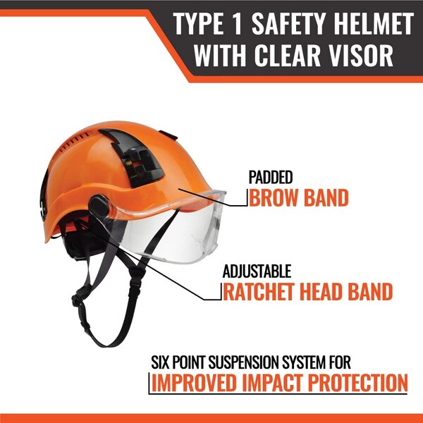 Malta Dynamics SafetyHelmet w/Clear Visor, Polyethylene, Ratchet, Orange, Fits Hat Size One Size Fits Most - HTO1101