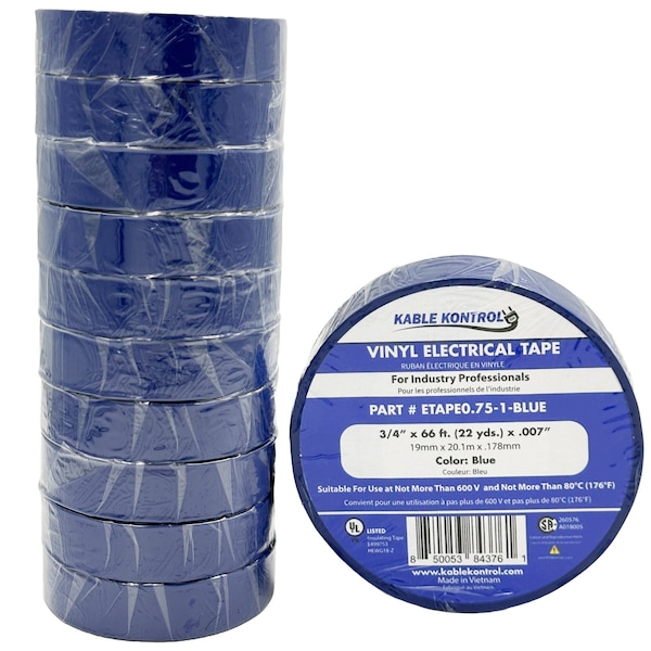 Cinta eléctrica de PVC Kable Kontrol, 3/4'' de ancho x 60' de largo, Clasificada para 600V, AZUL - ETAPE0.75-1-AZUL