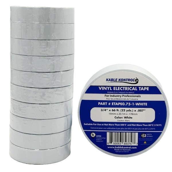Cinta Eléctrica de PVC Kable Kontrol, 3/4'' de Ancho x 60' de Largo, Calificada para 600V, BLANCO - ETAPE0.75-1-BLANCO