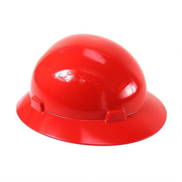 Interstate Safety Snap Lock 4 Point Ratchet Suspension Full Brim Hard Hat / Safety Helmet - 6-1/2" to 8" Heads - Red - 40410