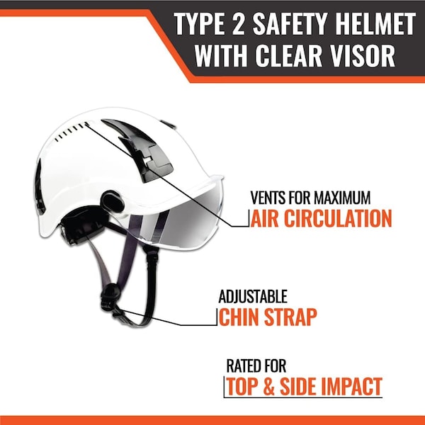 Malta Dynamics SafetyHelmet w/Clear Visor, Acrylonitrile Butadiene Styrene (ABS), Ratchet, White - HTW2001