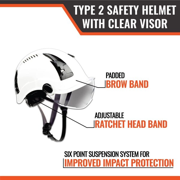 Malta Dynamics SafetyHelmet w/Clear Visor, Acrylonitrile Butadiene Styrene (ABS), Ratchet, White - HTW2001