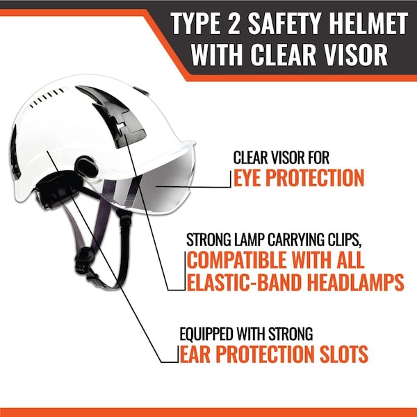 Malta Dynamics SafetyHelmet w/Clear Visor, Acrylonitrile Butadiene Styrene (ABS), Ratchet, White - HTW2001