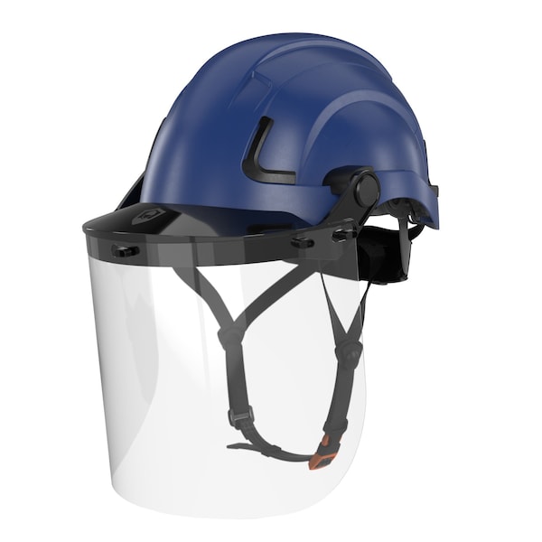 Defender Safety H2-EH Safety Helmet w/ Clear Face Shield - Type 2 Class E, ANSI Z89 and EN12492 rated, Blue - H2-EH-03-FS
