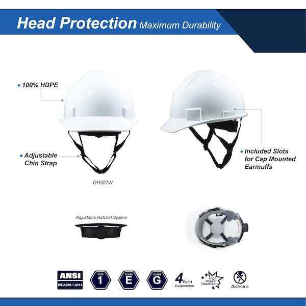 Ge Cap Style Non-Vented Hard Hat, 4-Point Adjustable Ratchet Suspension, White - GH327W