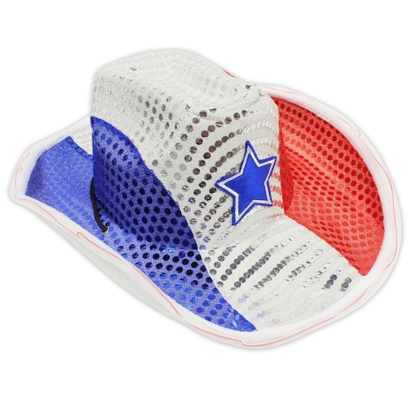 Surprise Light Up LED Flashing Cowboy Hat with Sequins, Red, White & Blue - SU3335673