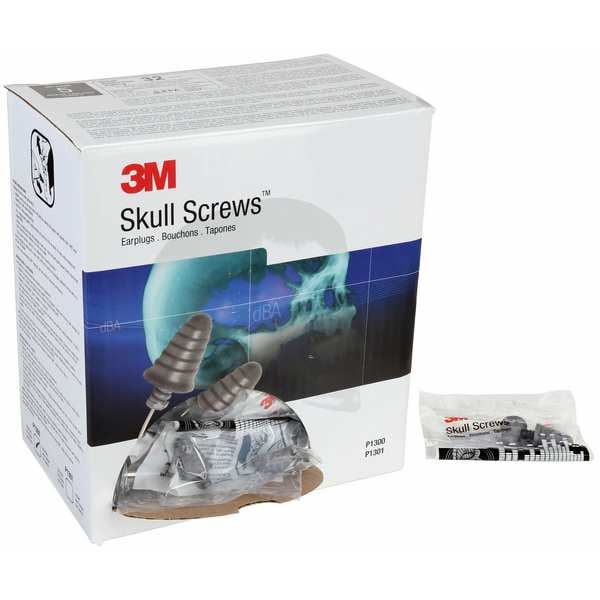 3M E-A-R Skull Screws, Reusable Corded Earplugs, Cone Shape, Silver, 32 dB NRR, Med, 120 Pairs/Box - P1301