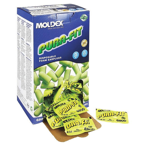 Moldex Pura-Fit Disposable Uncorded Ear Plugs, Bullet Shape, NRR 33 dB, M, Yellow, 200 Pairs - 6800