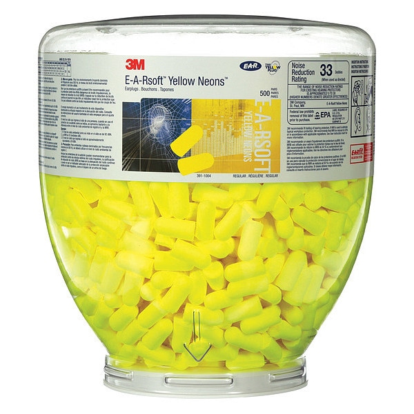 3M E-A-Rsoft Uncorded Ear Plug Dispenser Refill, Yellow Neons, Bullet Shape, NRR 30 dB, 500 Pairs - 391-1004