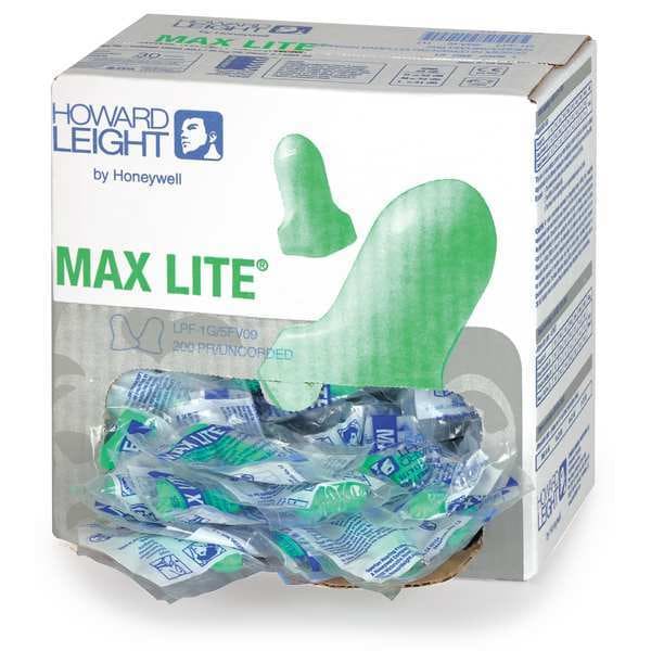 Honeywell Howard Leight Max Lite, Disposable Uncorded Earplugs, Foam, Contoured-T Shape, 30 dB NRR, Green, 200 Pairs/Box - LPF-1