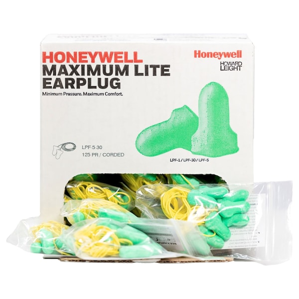 Honeywell Howard Leight Max Lite, Disposable Uncorded Earplugs, Foam, Contoured-T Shape, 30 dB NRR, Green, 200 Pairs/Box - LPF-1