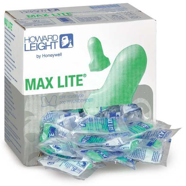 Honeywell Howard Leight Max Lite, Disposable Uncorded Earplugs, Foam, Contoured-T Shape, 30 dB NRR, Green, 200 Pairs/Box - LPF-1