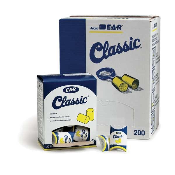3M E-A-R E-A-R Classic Disposable Foam Ear Plugs, Cylinder Shape, 29 dB, Yellow, 30 PK - 310-1060