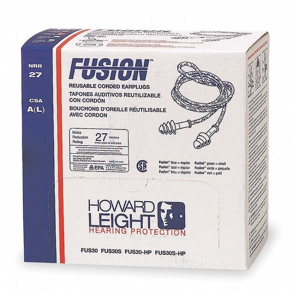 Honeywell Howard Leight Fusion Reusable Corded Ear Plugs, Flanged Shape, NRR 27 dB, Storage Case, M, Green, 100 Pairs - FUS30S-HP