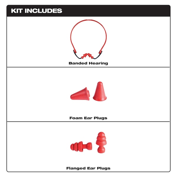 Milwaukee Tool Reusable Foam Banded Ear Plugs, Bullet Shape, 25 dB, Red - 48-73-3201