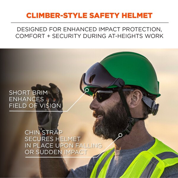 Ergodyne Micro Brim Safety Helmet, Skullerz 8976, PC-ABS, 6-Point Point Ratchet, Class E, Green - 8976