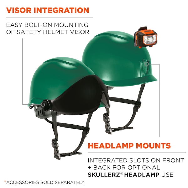 Ergodyne Micro Brim Safety Helmet, Skullerz 8976, PC-ABS, 6-Point Point Ratchet, Class E, Green - 8976