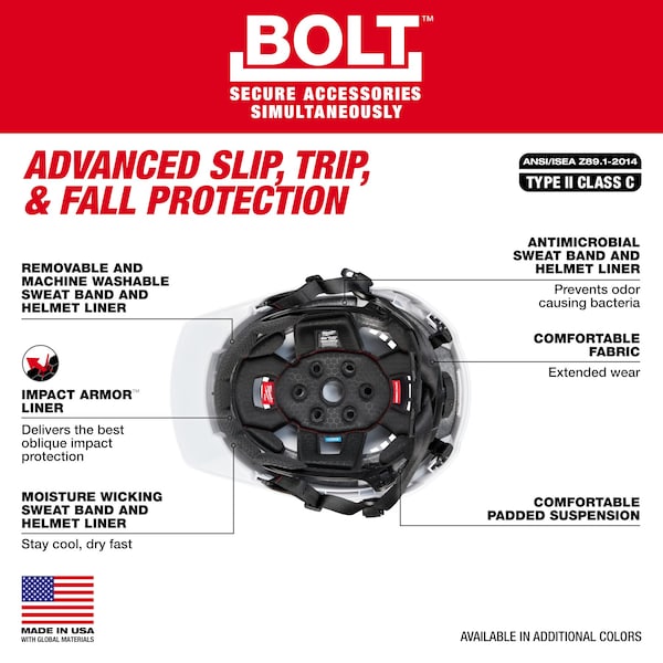 Milwaukee Tool BOLT Red Front Brim Vented Safety Helmet with IMPACT ARMOR Liner - Type 2, Class C - 48-73-1372