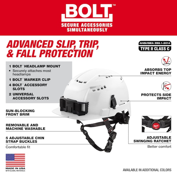 Milwaukee Tool BOLT Red Front Brim Vented Safety Helmet with IMPACT ARMOR Liner - Type 2, Class C - 48-73-1372
