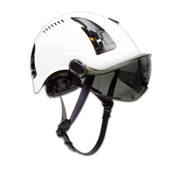 Malta Dynamics Safety Helmet w/Tinted Visor, Acrylonitrile Butadiene Styrene (ABS), Ratchet, White - HTW2002