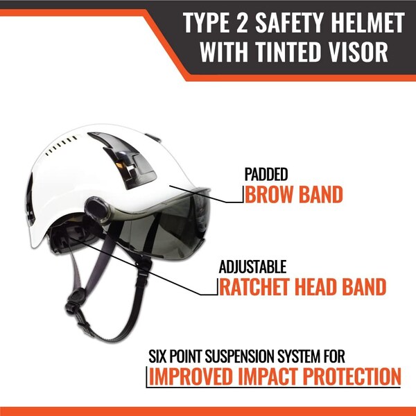 Malta Dynamics Safety Helmet w/Tinted Visor, Acrylonitrile Butadiene Styrene (ABS), Ratchet, White - HTW2002