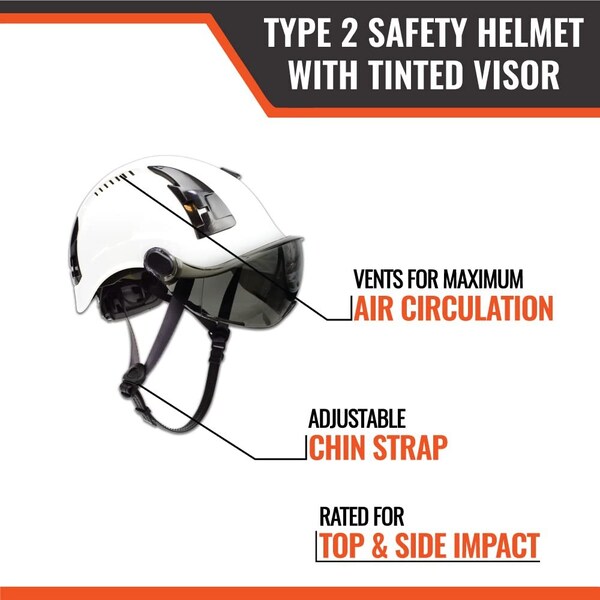 Malta Dynamics Safety Helmet w/Tinted Visor, Acrylonitrile Butadiene Styrene (ABS), Ratchet, White - HTW2002