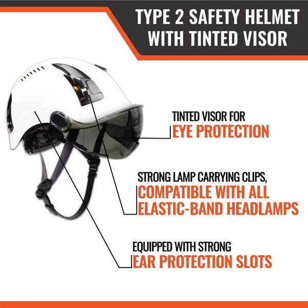 Malta Dynamics Safety Helmet w/Tinted Visor, Acrylonitrile Butadiene Styrene (ABS), Ratchet, White - HTW2002