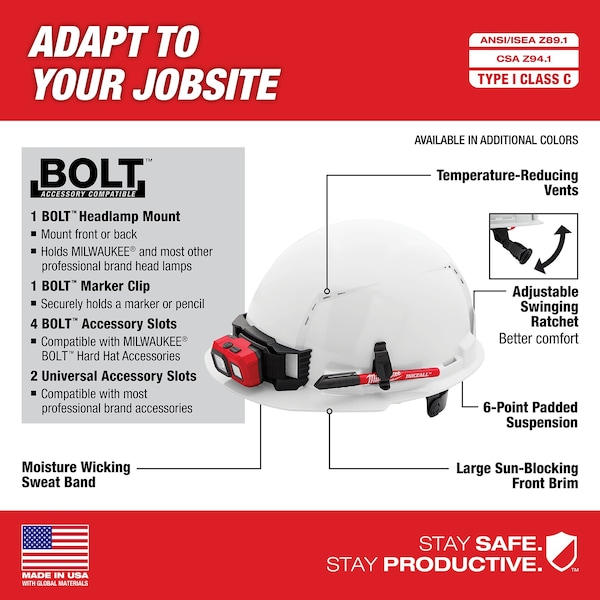 Milwaukee Tool BOLT White Front Brim Vented Hard Hat w/6pt Ratcheting Suspension - Type 1, Class C - 48-73-1220