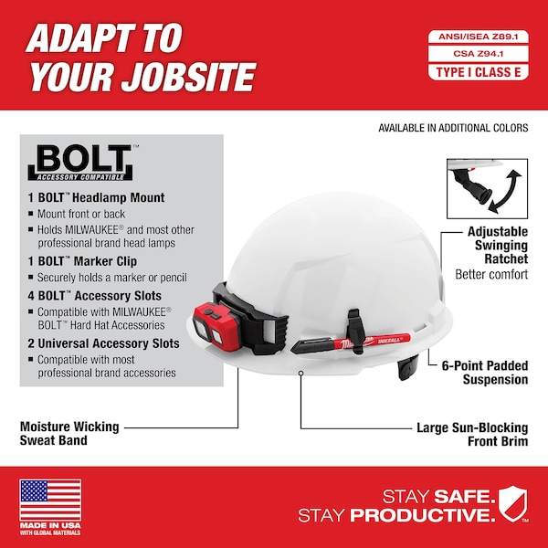 Milwaukee Tool BOLT White Front Brim Hard Hat w/6pt Ratcheting Suspension - Type 1, Class E - 48-73-1120
