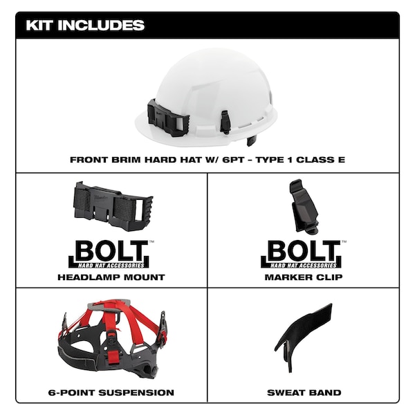 Milwaukee Tool BOLT White Front Brim Hard Hat w/6pt Ratcheting Suspension - Type 1, Class E - 48-73-1120