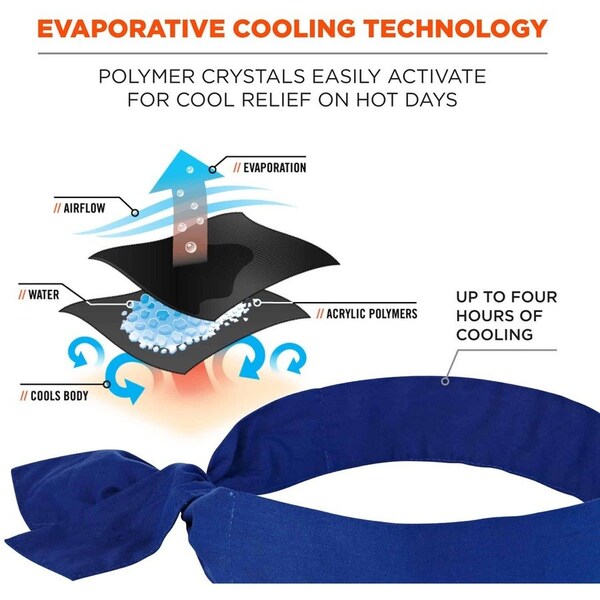 Chill-Its By Ergodyne Cooling Bandana, Tie, Low-profile, Cotton, 36-1/2"x2", Blue - EGO12307