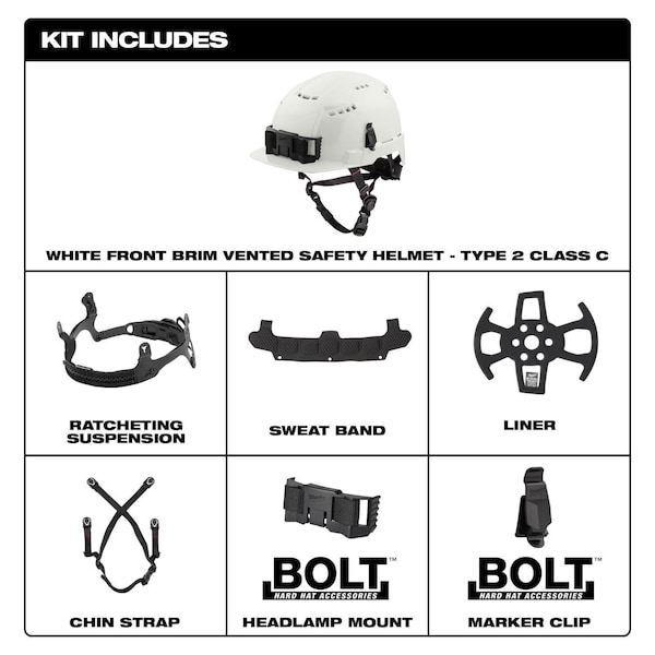Milwaukee Tool BOLT White Front Brim Vented Safety Helmet - Type 2, Class C - 48-73-1320