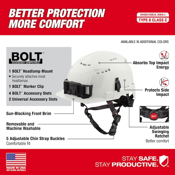 Milwaukee Tool BOLT White Front Brim Vented Safety Helmet - Type 2, Class C - 48-73-1320