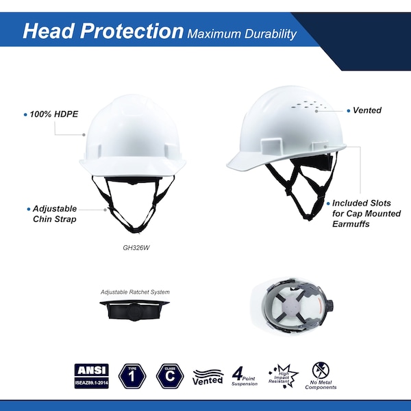 Ge Vented Full Brim Hard Hat, 4-Point Adjustable Ratchet Suspension, Green - GH326N
