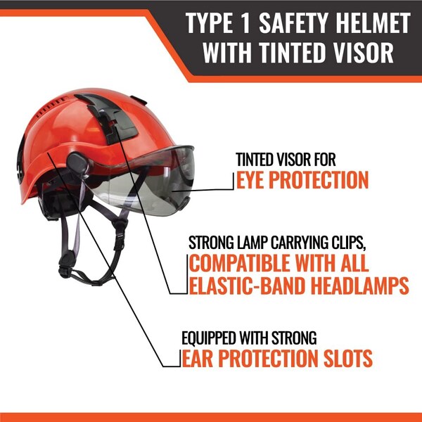 Malta Dynamics Safety Helmet w/Tinted Visor, Polyethylene, Ratchet, Red, Fits Hat Size One Size Fits Most - HTR1102