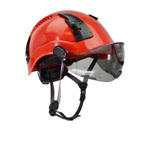Malta Dynamics Safety Helmet w/Tinted Visor, Polyethylene, Ratchet, Red, Fits Hat Size One Size Fits Most - HTR1102